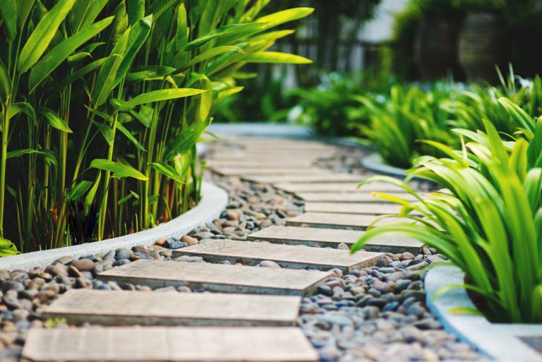 allée en pierre dans jardin paysager