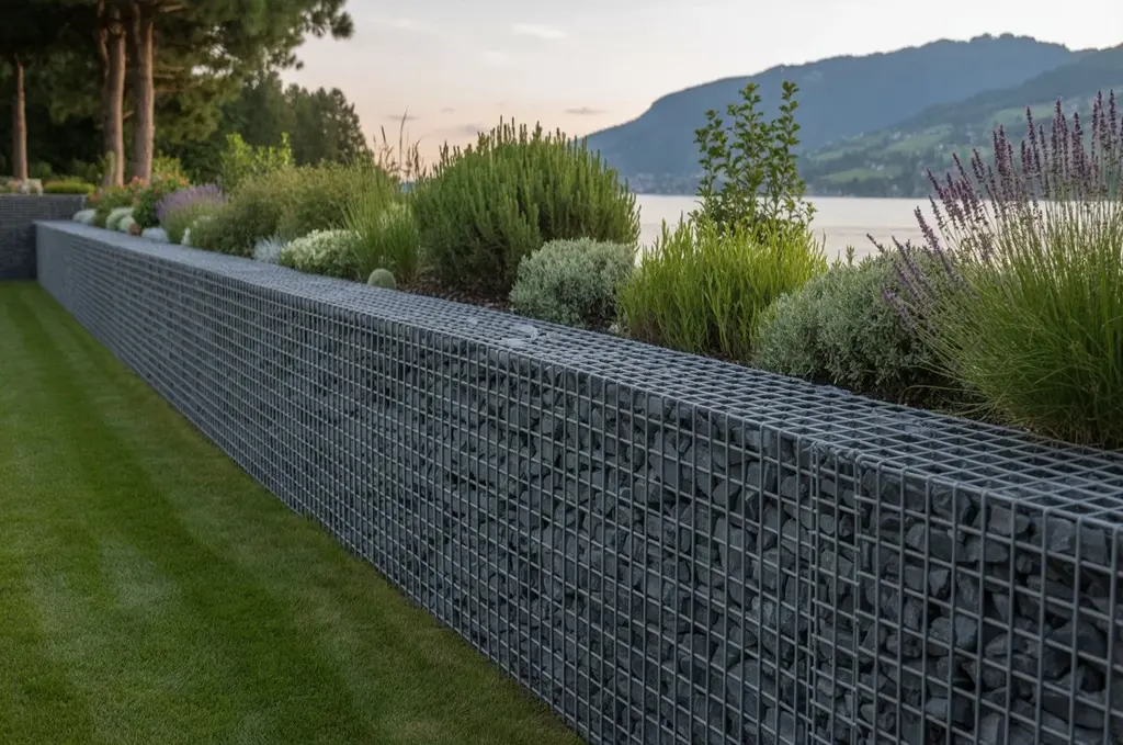 Mur en gabions moderne dans un jardin en Suisse romande